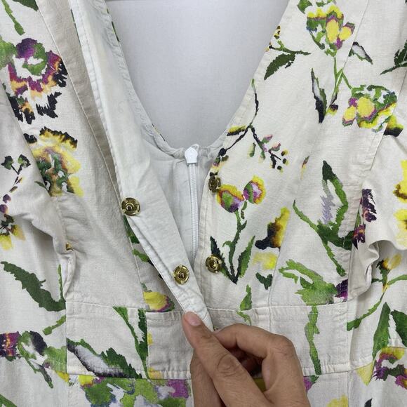 Tanya Taylor Size 8 Inez Dress‎ Linen Blend Floral Ruffle Flutter Sleeves Cream - Picture 5 of 12